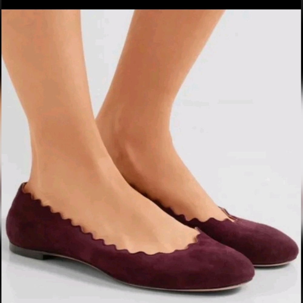 Chloe | Lauren Suede Scalloped Burgundy‎ Suede Flats 7.5